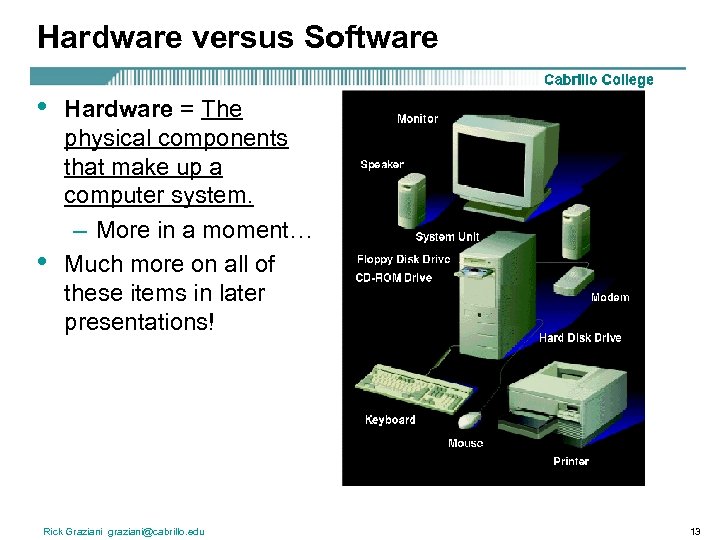 Hardware versus Software • • Hardware = The physical components that make up a