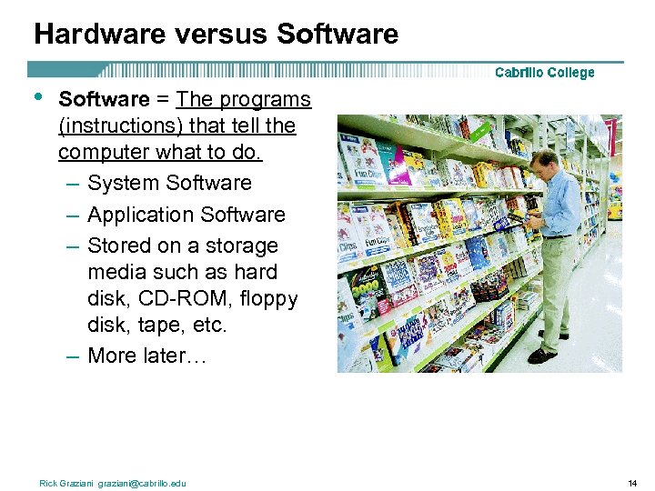 Hardware versus Software • Software = The programs (instructions) that tell the computer what