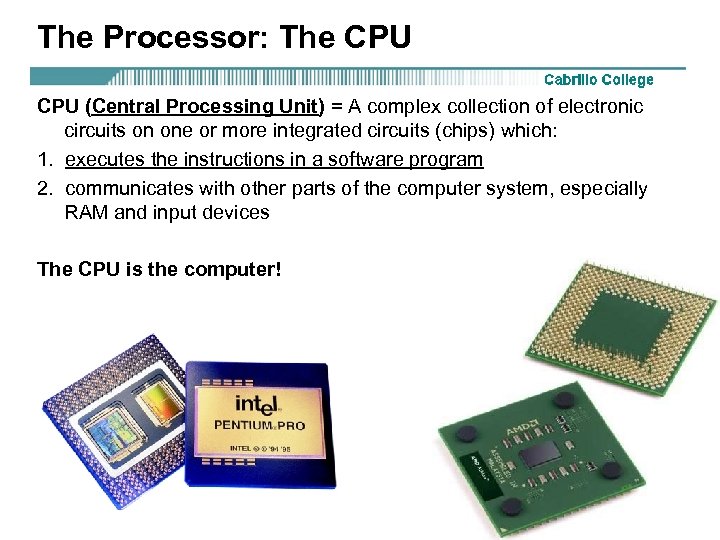 The Processor: The CPU (Central Processing Unit) = A complex collection of electronic circuits