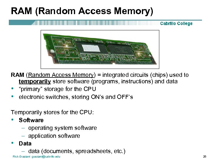 RAM (Random Access Memory) = integrated circuits (chips) used to temporarily store software (programs,