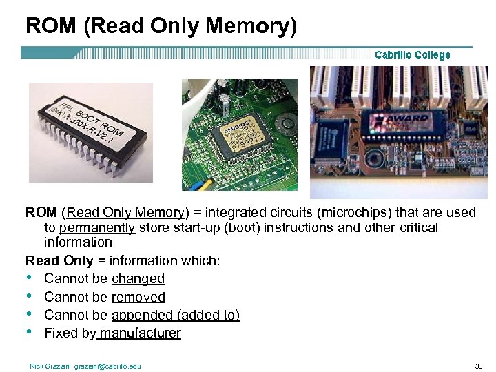 ROM (Read Only Memory) = integrated circuits (microchips) that are used to permanently store