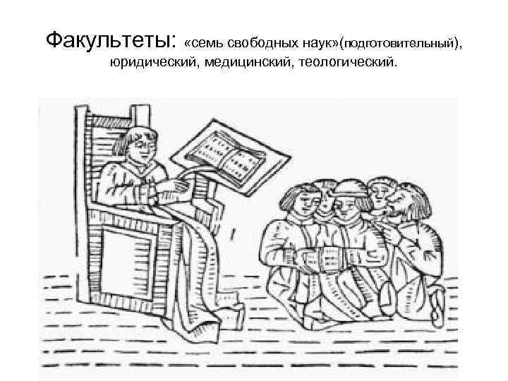 Факультеты: «семь свободных наук» (подготовительный), юридический, медицинский, теологический. 