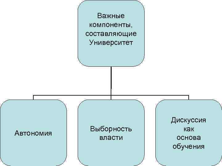 Важные компоненты, составляющие Университет Автономия Выборность власти Дискуссия как основа обучения 