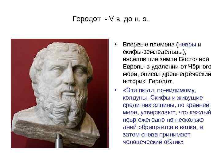 Геродот - V в. до н. э. • Впервые племена (невры и скифы-земледельцы), населявшие