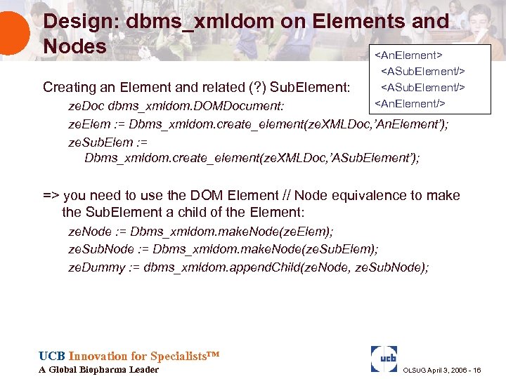 Design: dbms_xmldom on Elements and Nodes <An. Element> Creating an Element and related (?