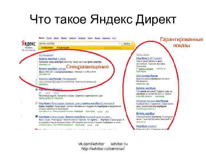 Что такое Яндекс Директ Гарантированные показы Спецразмещение vk. com/advitor. ru http: //advitor. ru/seminar/ 