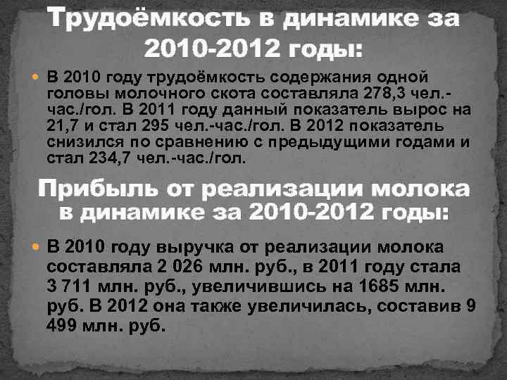 Трудоёмкость в динамике за 2010 -2012 годы: В 2010 году трудоёмкость содержания одной головы