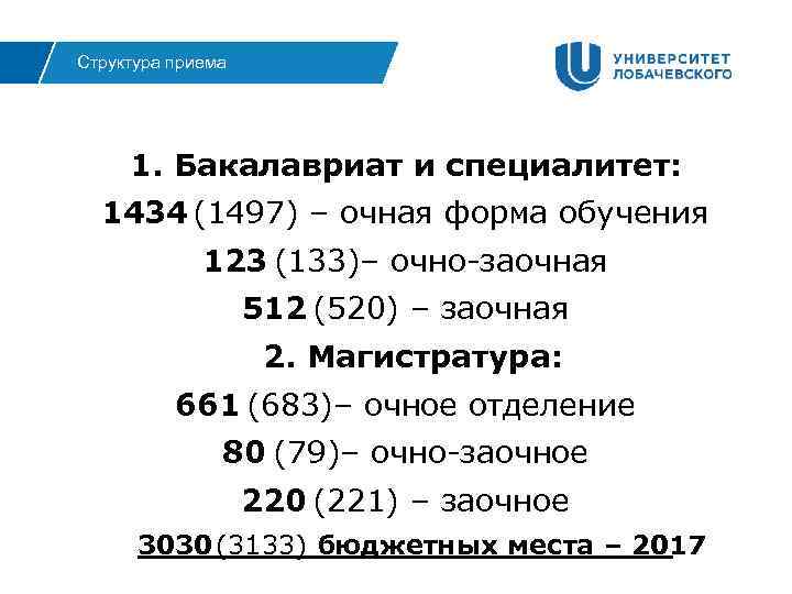 Структура приема 1. Бакалавриат и специалитет: 1434 (1497) – очная форма обучения 123 (133)–