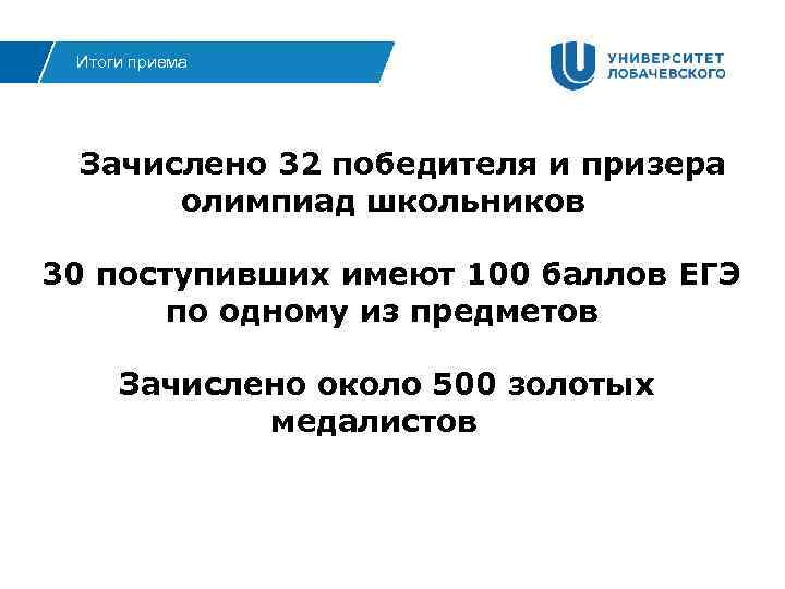 Итоги приема Зачислено 32 победителя и призера олимпиад школьников 30 поступивших имеют 100 баллов