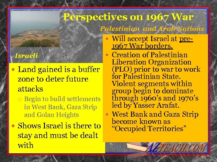 Perspectives on 1967 War Palestinian and Arab Nations Will accept Israel at pre- 1967