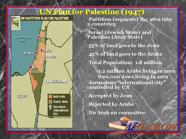 UN Plan for Palestine (1947) • Partition (separate) the area into 2 countries •