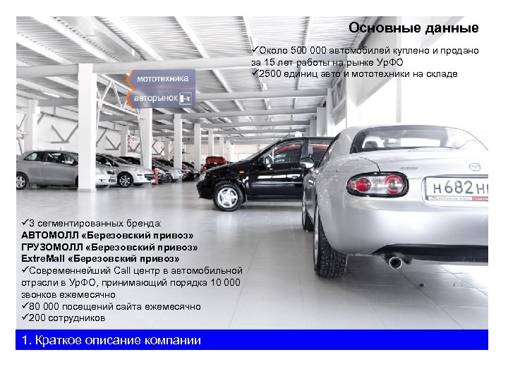 Основные данные üОколо 500 000 автомобилей куплено и продано за 15 лет работы на