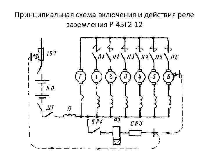 Принципиальная схема включения и действия реле заземления Р-45 Г 2 -12 