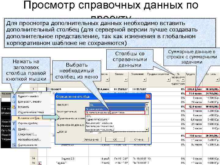 Начало начало проджект. Как вставить дополнительный столбец в Проджект. Пример справочных данных. Как добавить вспомогательный столбец. Как переименовать столбец Проджект.