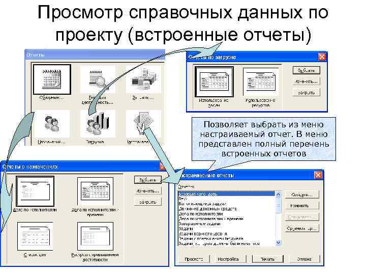 Просмотр справочных данных по проекту (встроенные отчеты) Позволяет выбрать из меню настраиваемый отчет. В