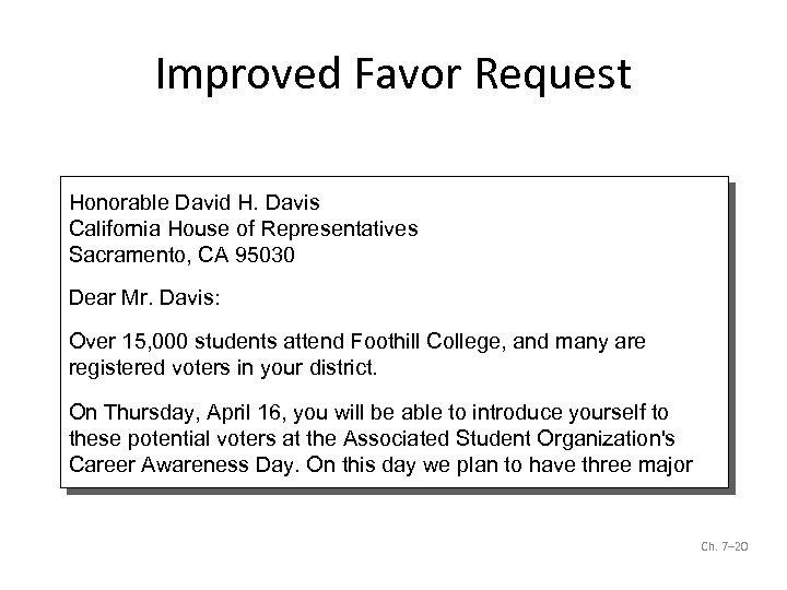 Improved Favor Request Honorable David H. Davis California House of Representatives Sacramento, CA 95030