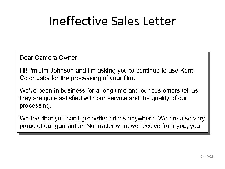 Ineffective Sales Letter Dear Camera Owner: Hi! I'm Jim Johnson and I'm asking you