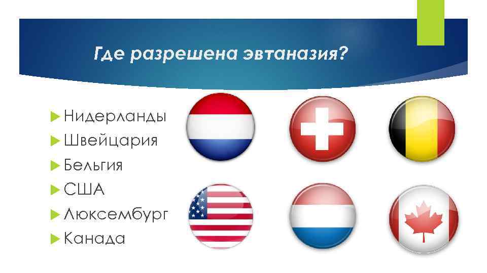 Где разрешена эвтаназия? Нидерланды Швейцария Бельгия США Люксембург Канада 
