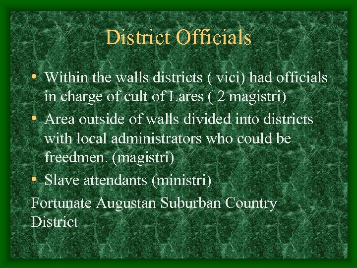 District Officials • Within the walls districts ( vici) had officials in charge of