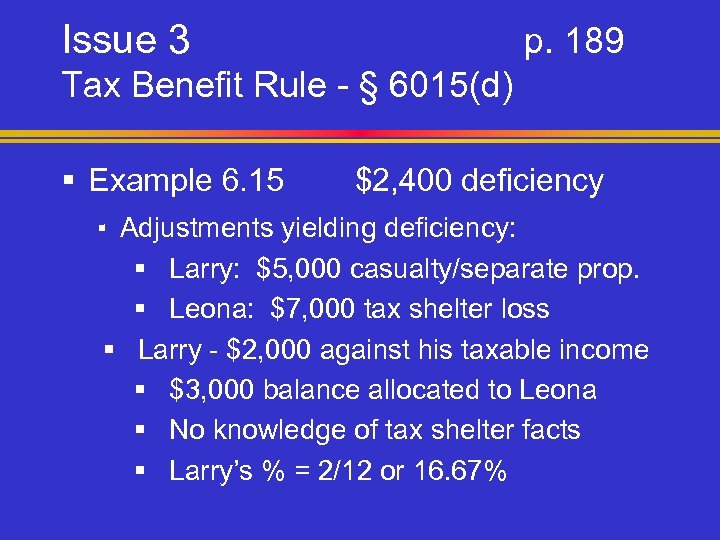 Issue 3 p. 189 Tax Benefit Rule - § 6015(d) § Example 6. 15