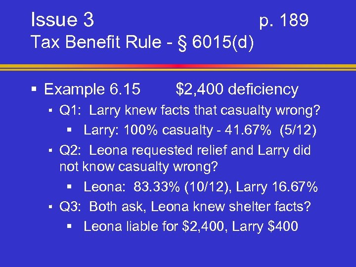 Issue 3 p. 189 Tax Benefit Rule - § 6015(d) § Example 6. 15