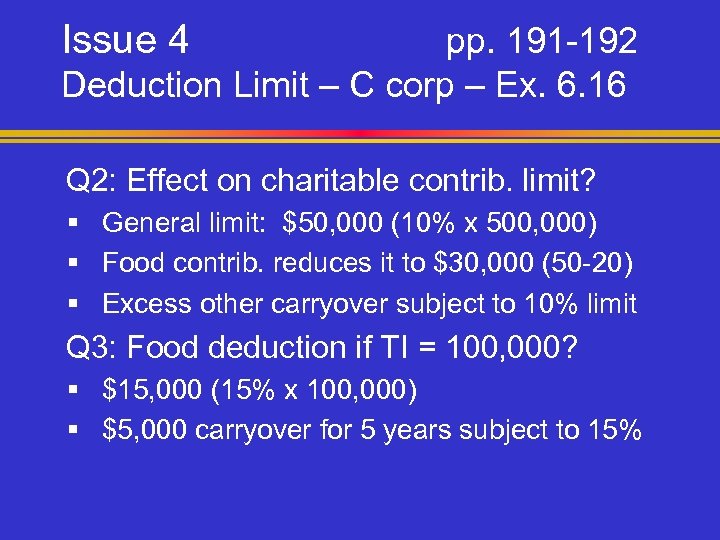 Issue 4 pp. 191 -192 Deduction Limit – C corp – Ex. 6. 16