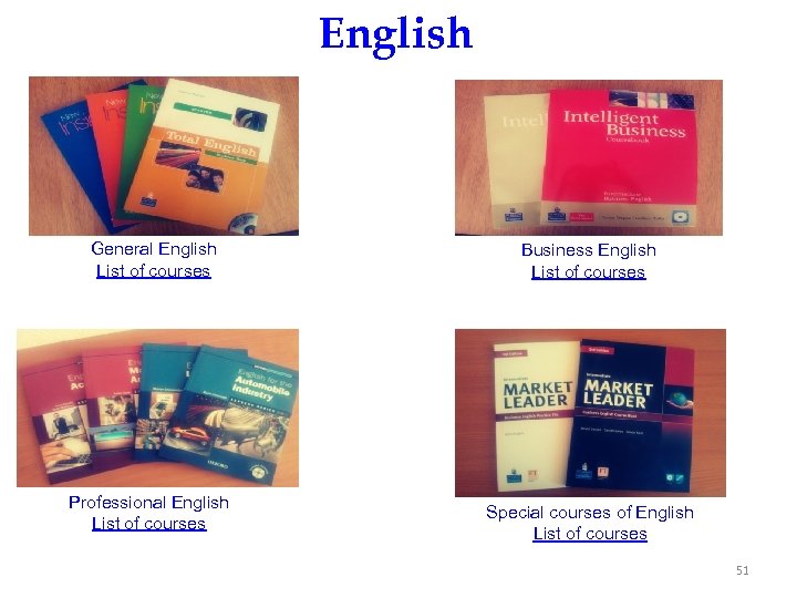 English General English List of courses Professional English List of courses Business English List