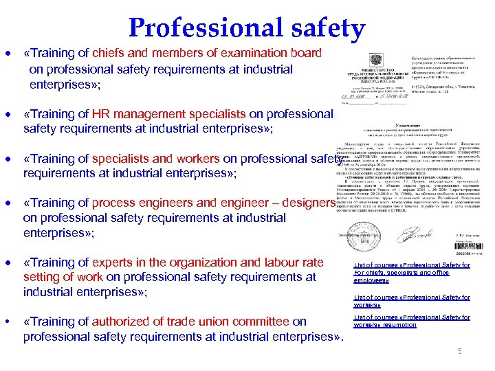 Professional safety «Training of chiefs and members of examination board on professional safety requirements