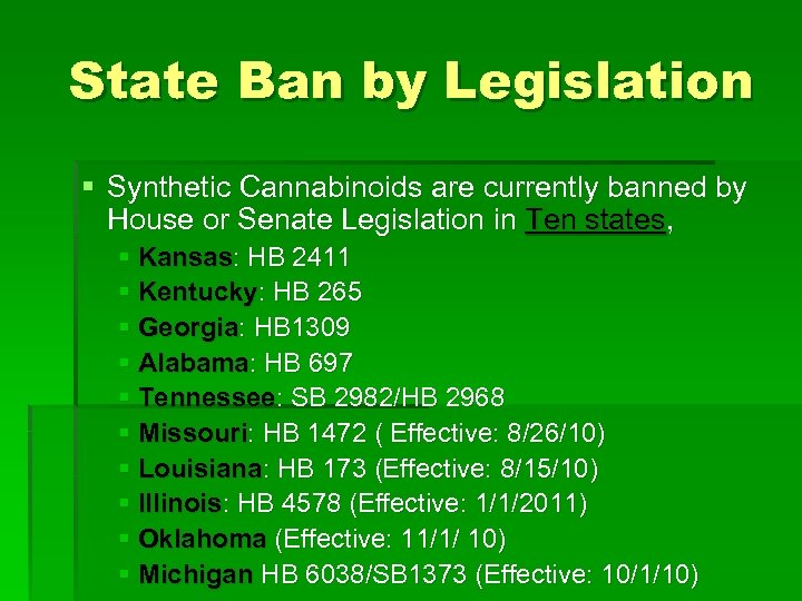 State Ban by Legislation § Synthetic Cannabinoids are currently banned by House or Senate