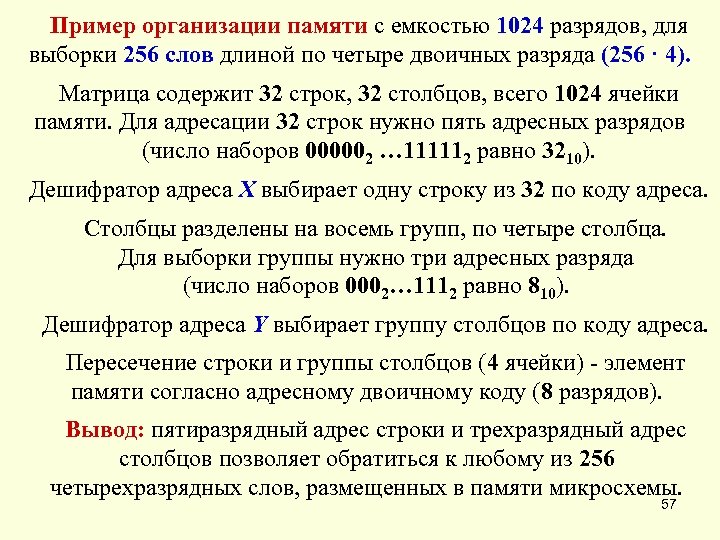 Пример организации памяти с емкостью 1024 разрядов, для выборки 256 слов длиной по четыре