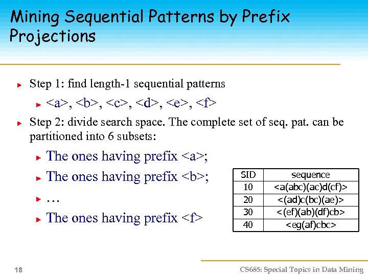Mining Sequential Patterns by Prefix Projections Step 1: find length-1 sequential patterns <a>, <b>,