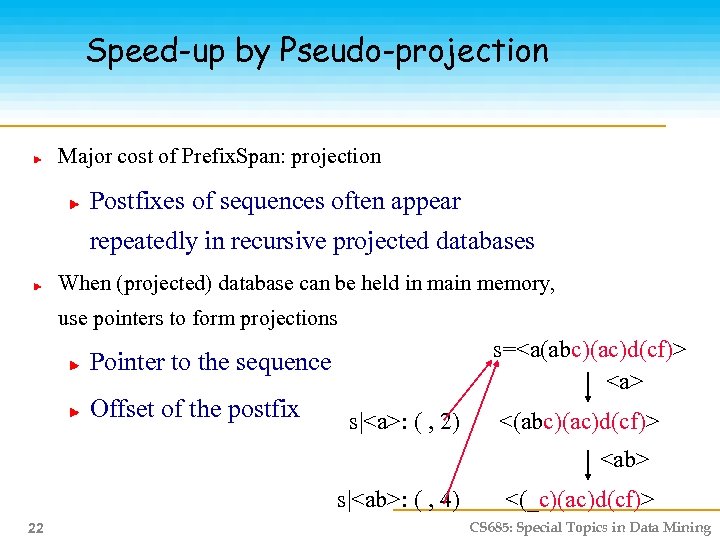 Speed-up by Pseudo-projection Major cost of Prefix. Span: projection Postfixes of sequences often appear