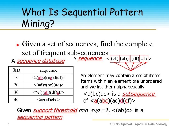 What Is Sequential Pattern Mining? Given a set of sequences, find the complete set