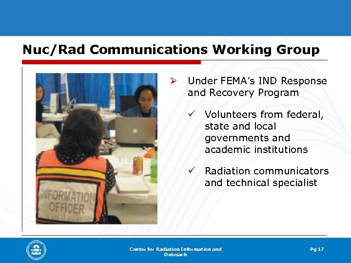 Nuc/Rad Communications Working Group Ø Under FEMA’s IND Response and Recovery Program ü Volunteers