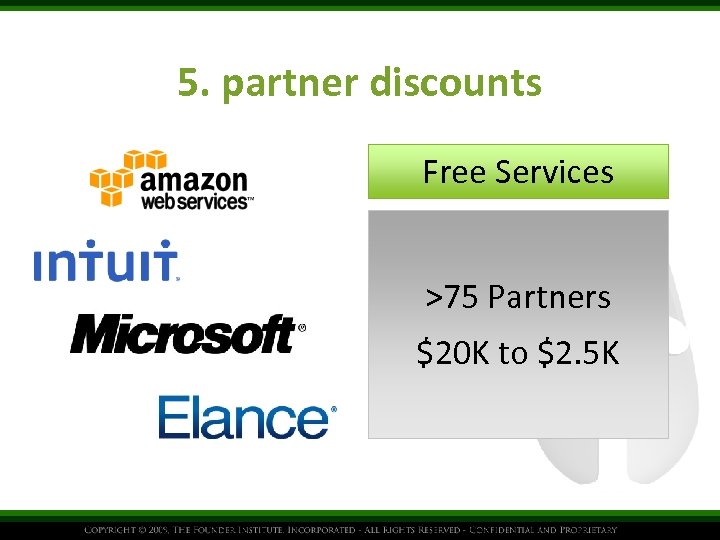 5. partner discounts Free Services >75 Partners $20 K to $2. 5 K 