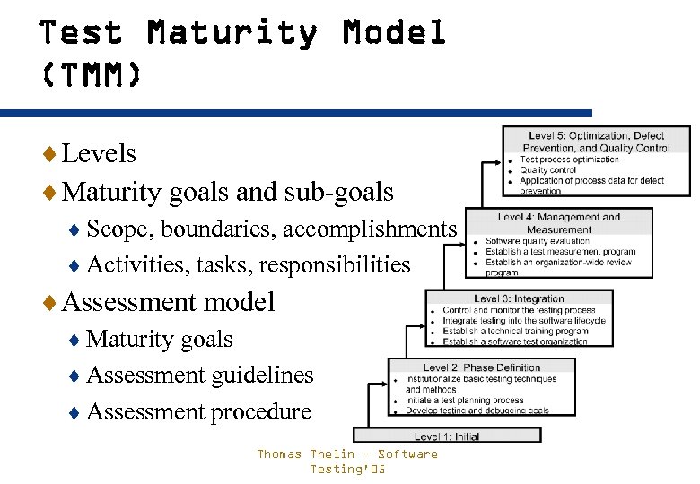 Test Maturity Model (TMM) ¨Levels ¨Maturity goals and sub-goals ¨ Scope, boundaries, accomplishments ¨