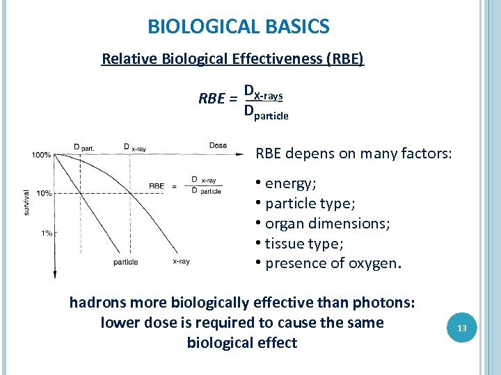 BIOLOGICAL BASICS Relative Biological Effectiveness (RBE) RBE = DX-rays Dparticle RBE depens on many