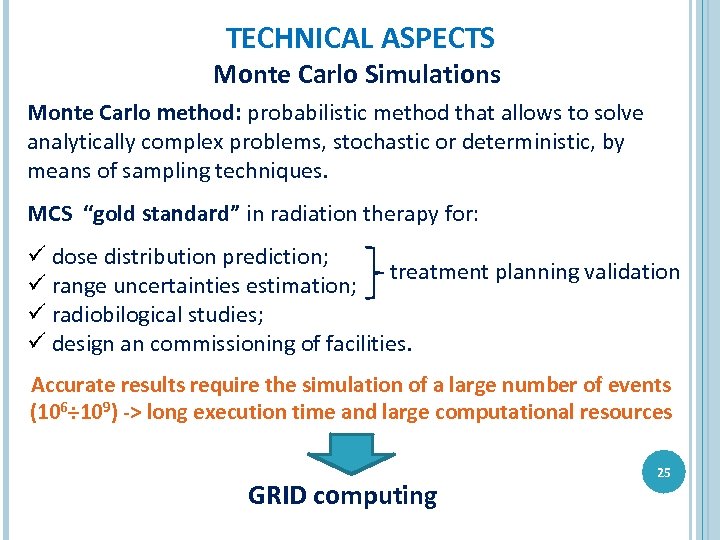 TECHNICAL ASPECTS Monte Carlo Simulations Monte Carlo method: probabilistic method that allows to solve