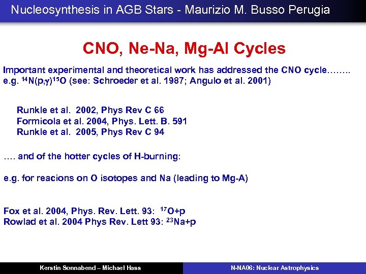 Nucleosynthesis in AGB Stars - Maurizio M. Busso Perugia CNO, Ne-Na, Mg-Al Cycles Important