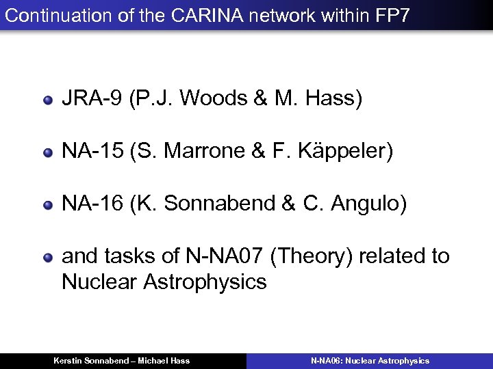Continuation of the CARINA network within FP 7 JRA-9 (P. J. Woods & M.