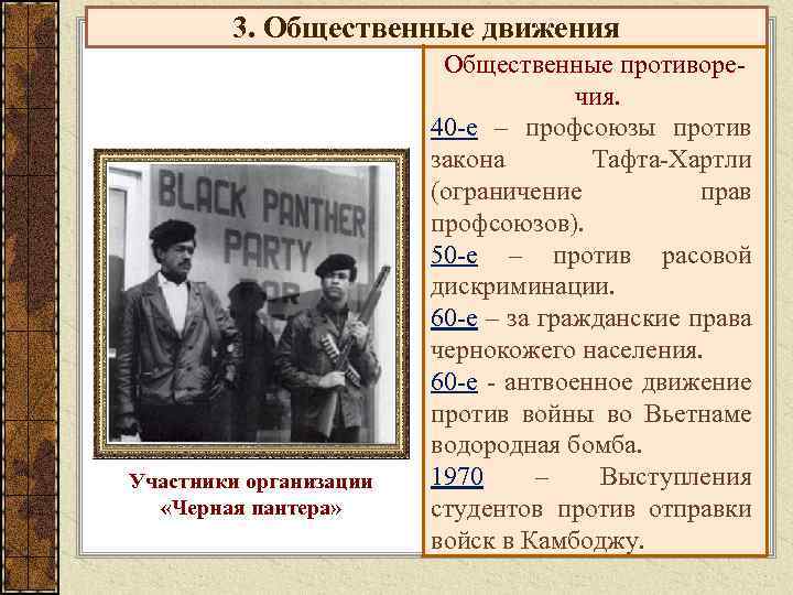 3. Общественные движения Участники организации «Черная пантера» Общественные противоречия. 40 -е – профсоюзы против