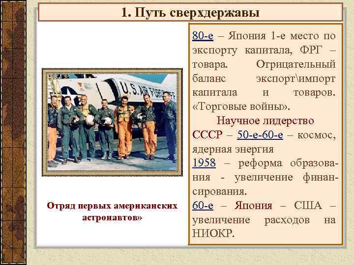 1. Путь сверхдержавы Отряд первых американских астронавтов» 80 -е – Япония 1 -е место
