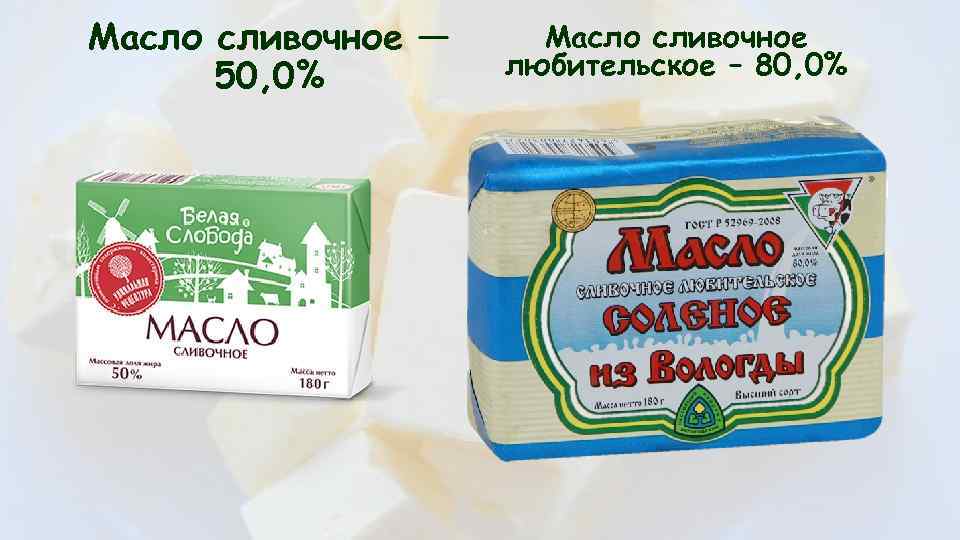 Масло сливочное — 50, 0% Масло сливочное любительское – 80, 0% 