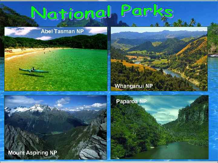 Abel Tasman NP Whanganui NP Paparoa NP Mount Aspiring NP 