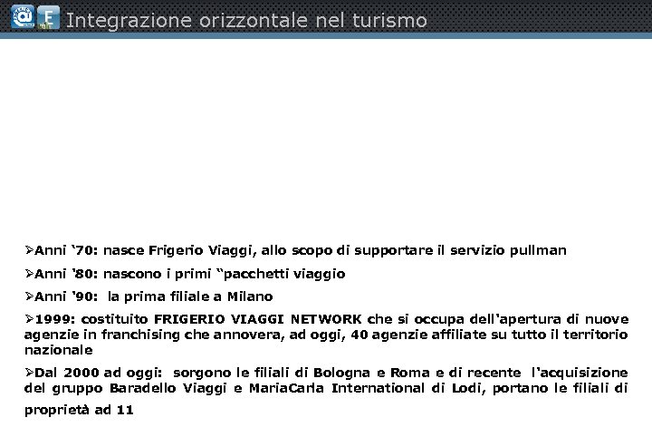 Integrazione orizzontale nel turismo ØAnni ‘ 70: nasce Frigerio Viaggi, allo scopo di supportare