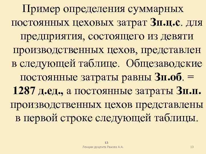 Пример определения суммарных постоянных цеховых затрат Зп. ц. с. для предприятия, состоящего из девяти