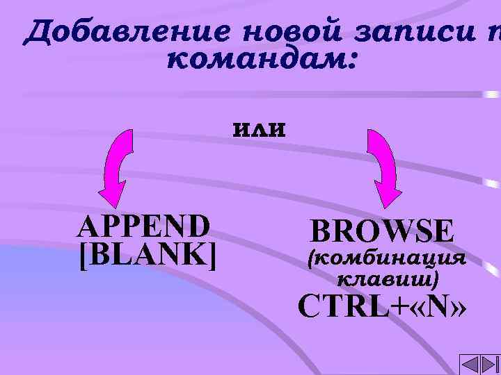 Добавление новой записи п командам: или APPEND [BLANK] BROWSE (комбинация клавиш) CTRL+ «N» 