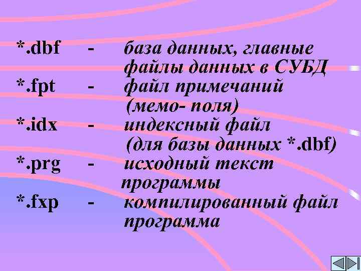 *. dbf - *. fpt - *. idx - *. prg - *. fxp