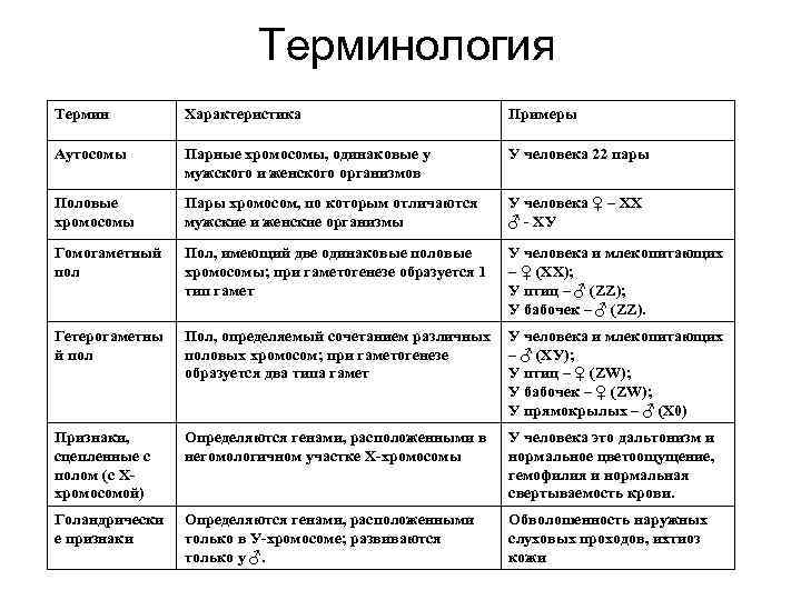 Терминология Термин Характеристика Примеры Аутосомы Парные хромосомы, одинаковые у мужского и женского организмов У