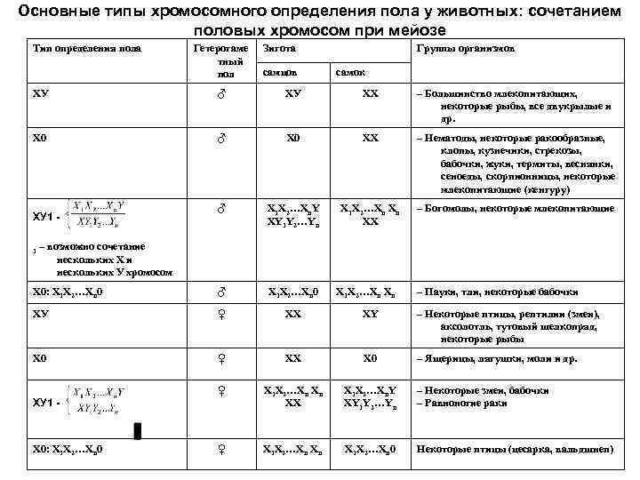 Основные типы хромосомного определения пола у животных: сочетанием половых хромосом при мейозе Тип определения